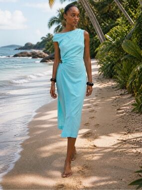 NWT Zara Asymmetric Linen Midi Dress With Appliqué in Turquoise Size S